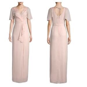 Parker Black Hannah Pearl Blush Beaded Embellished Faux Wrap Gown Size 6